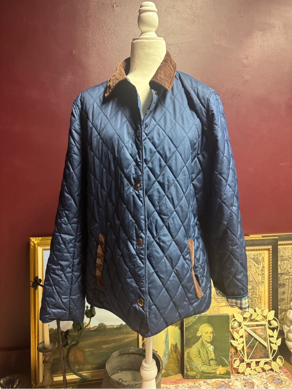Quilted Blue Barn Jacket with Brown Cord Collar